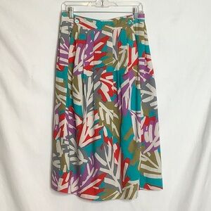 Vintage Colorful Abstract Print Linen Rayon Skirt- Turquoise, Red & Purple